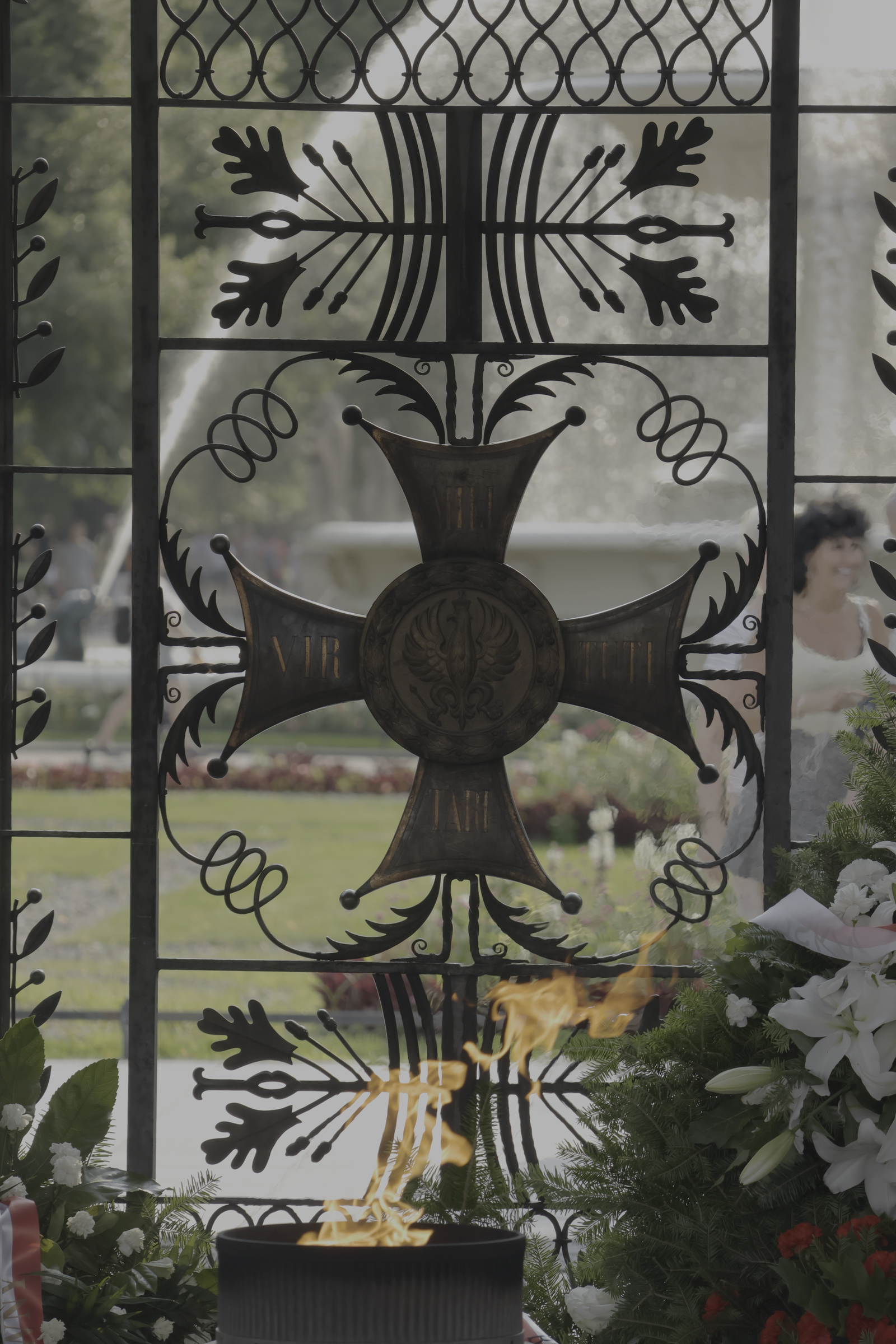 Motifs d’une grille en fer forgé devant un paysage urbain